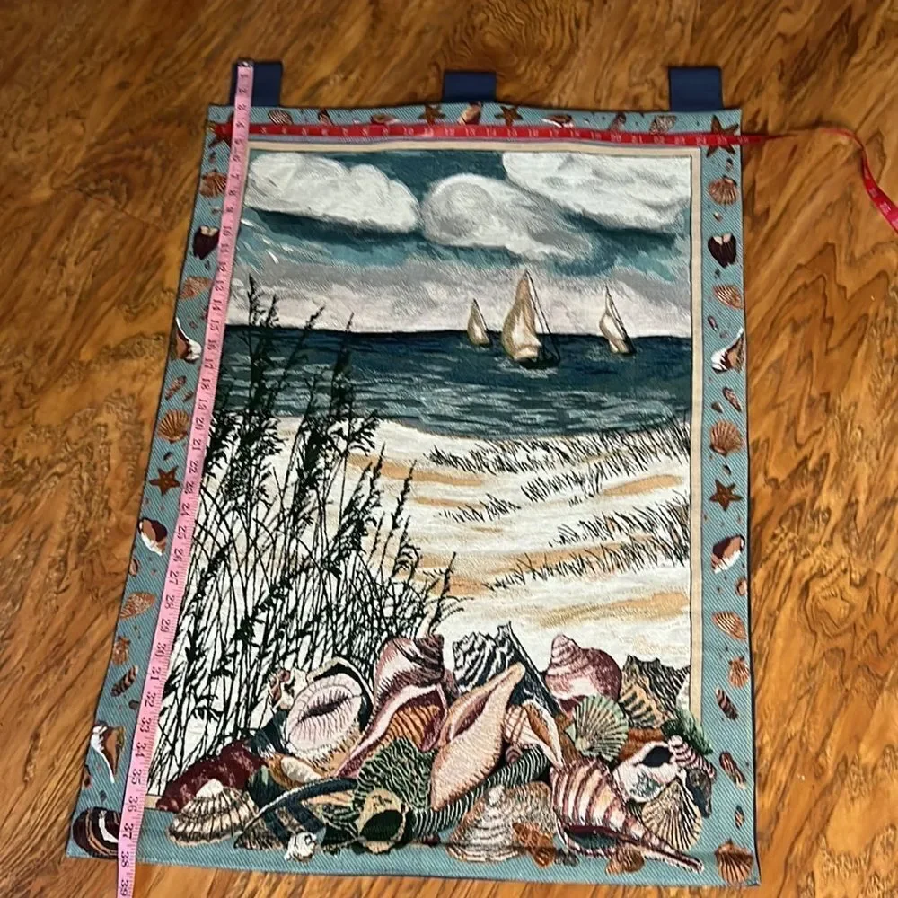 Seashore Tapestry 26 In X 38 In Wall Hanging Coastal Ocean Sea Shells Sand Boats